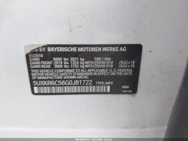 45667323 :رقم المزاد ، 5UXKR6C56G0J81722 vin ، 2016 Bmw X5 Xdrive50i مزاد بيع