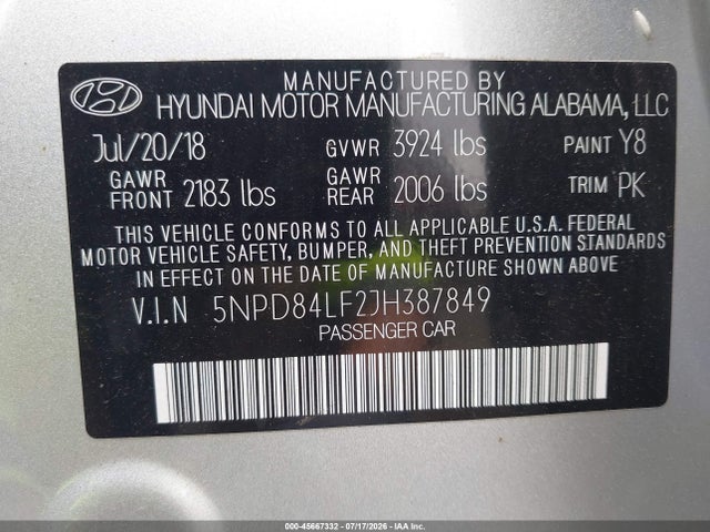 Aukcja sprzedaży 2018 Hyundai Elantra Sel, vin: 5NPD84LF2JH387849, numer aukcji: 45667332