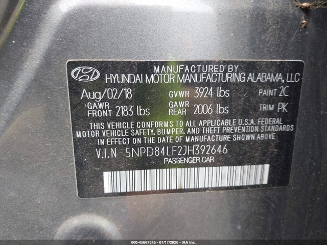 Aukcja sprzedaży 2018 Hyundai Elantra Sel, vin: 5NPD84LF2JH392646, numer aukcji: 45667345