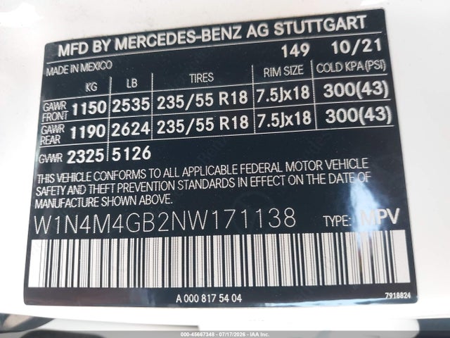 W1N4M4GB2NW171138 Mercedes-Benz GLB 250