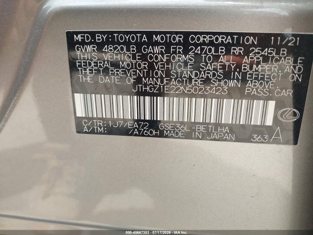 Продаж на аукціоні авто 2022 Lexus Is 350 F Sport, vin: JTHGZ1E22N5023423, номер лоту: 45667353