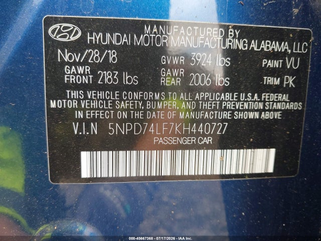45667368 :رقم المزاد ، 5NPD74LF7KH440727 vin ، 2019 Hyundai Elantra Se مزاد بيع