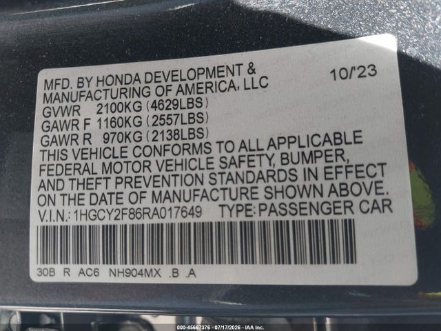 1HGCY2F86RA017649 Honda Accord Hybrid Touring