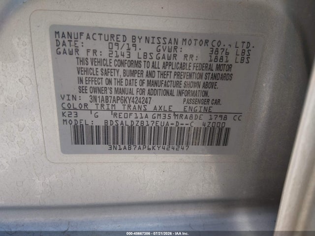 3N1AB7AP6KY424247 Nissan SENTRA SV