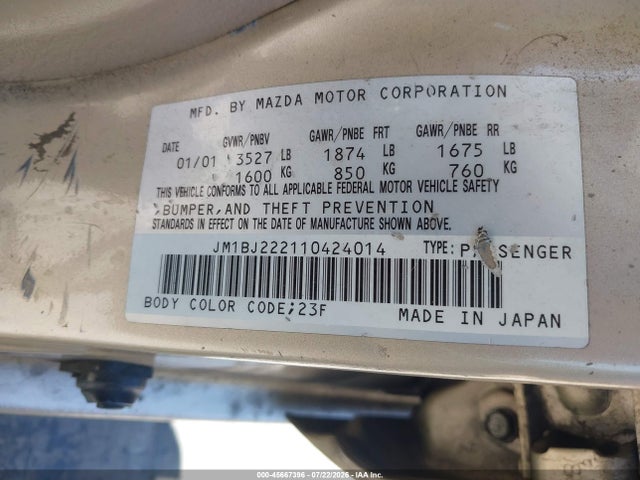 2001 Mazda Protege Dx/lx მანქანა იყიდება აუქციონზე, vin: JM1BJ222110424014, აუქციონის ნომერი: 45667396
