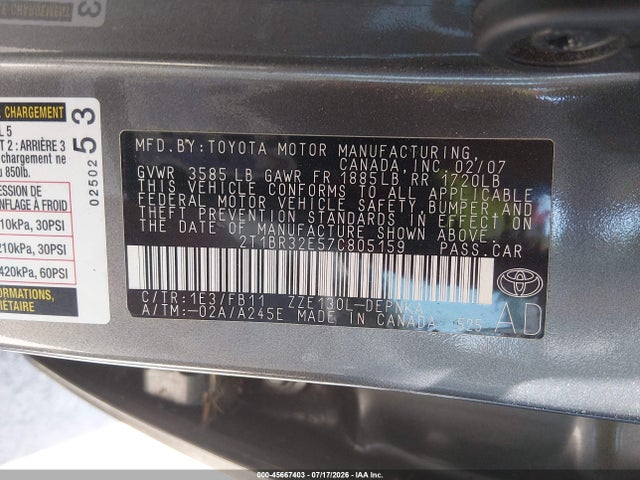 Продажа на аукционе авто 2007 Toyota Corolla Le, vin: 2T1BR32E57C805159, номер лота: 45667403