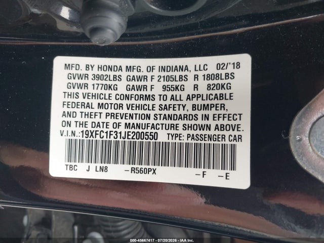 19XFC1F31JE200550 Honda Civic Ex-t