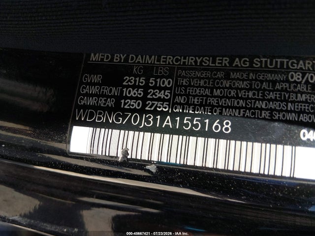 2001 Mercedes-benz S 430 მანქანა იყიდება აუქციონზე, vin: WDBNG70J31A155168, აუქციონის ნომერი: 45667421