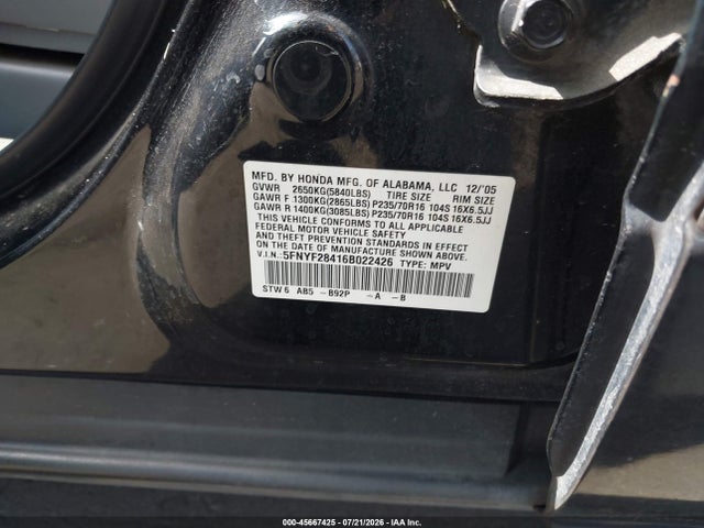 2006 Honda Pilot Ex მანქანა იყიდება აუქციონზე, vin: 5FNYF28416B022426, აუქციონის ნომერი: 45667425