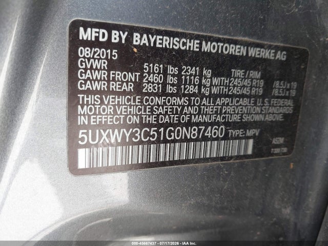 Продаж на аукціоні авто 2016 Bmw X3 Xdrive28d, vin: 5UXWY3C51G0N87460, номер лоту: 45667437