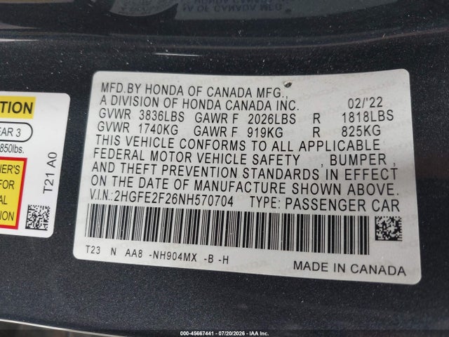 Honda Civic Lx 2022 2HGFE2F26NH570704 Image 9