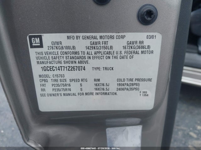 2001 Chevrolet Silverado 1500 Ls მანქანა იყიდება აუქციონზე, vin: 1GCEC14T71Z267074, აუქციონის ნომერი: 45667445