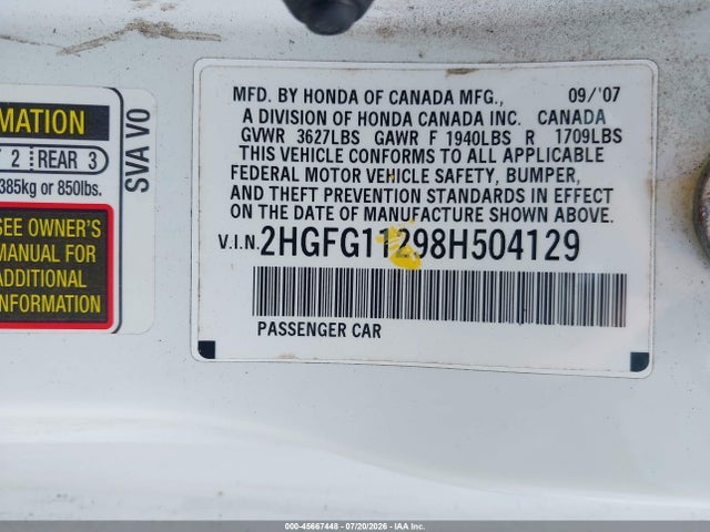 45667448 :رقم المزاد ، 2HGFG11298H504129 vin ، 2008 Honda Civic Dx مزاد بيع