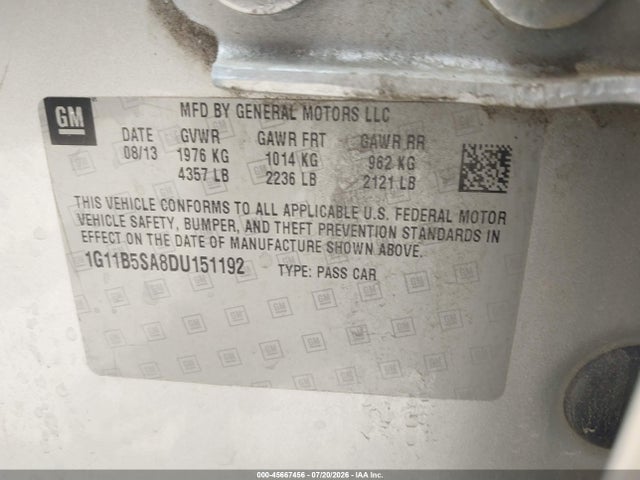 Продажа на аукционе авто 2013 Chevrolet Malibu 1ls, vin: 1G11B5SA8DU151192, номер лота: 45667456