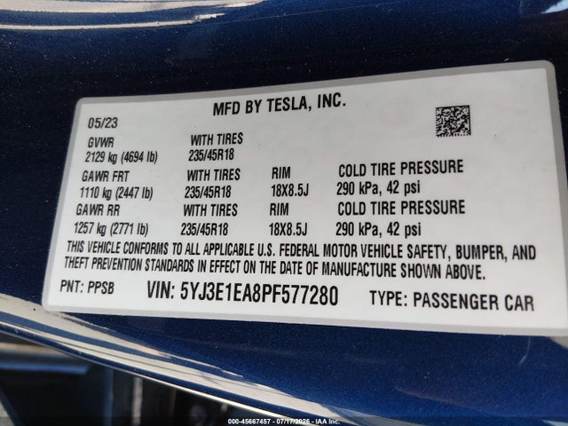Tesla Model 3 Rear-wheel Drive 2023 5YJ3E1EA8PF577280 Image 9