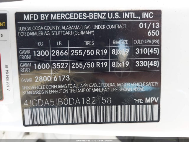 2013 Mercedes-benz Ml 350 მანქანა იყიდება აუქციონზე, vin: 4JGDA5JB0DA182158, აუქციონის ნომერი: 45667481