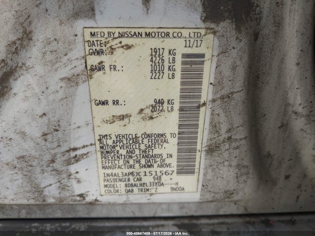 1N4AL3AP6JC151567 Nissan Altima 2.5 Sr