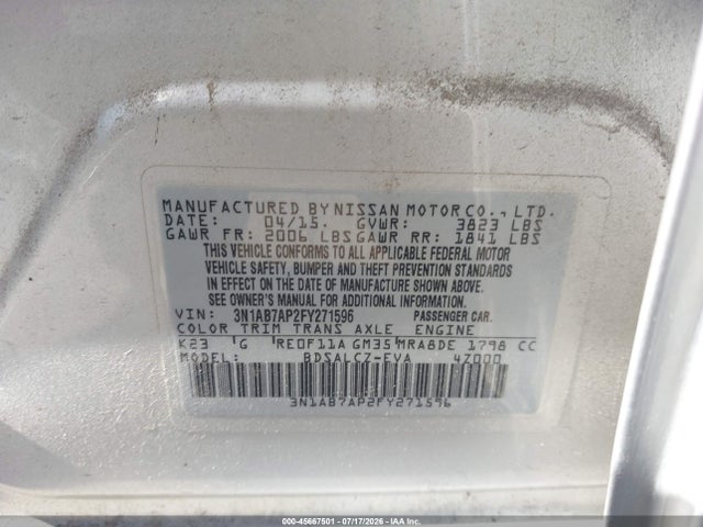 Auction sale of the 2015 Nissan Sentra S, vin: 3N1AB7AP2FY271596, lot number: 45667501