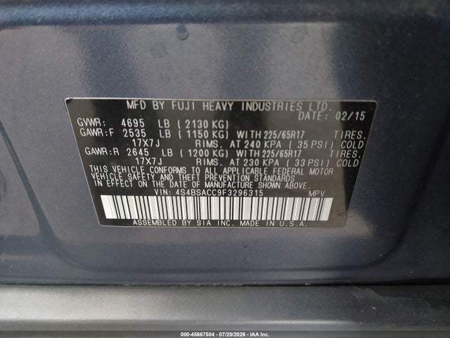 4S4BSACC9F3296315 Subaru Outback 2.5i Premium