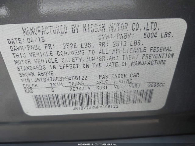 45667511 :رقم المزاد ، JN1BV7AR8FM408122 vin ، 2015 Infiniti Q50 Premium مزاد بيع