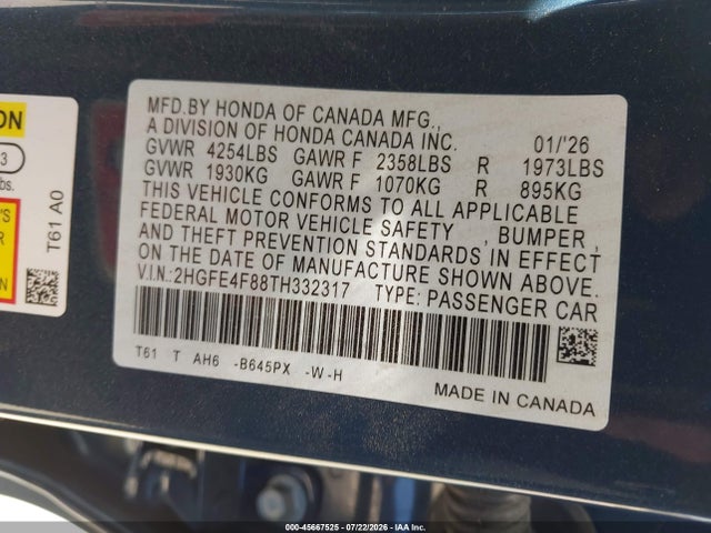 2HGFE4F88TH332317 Honda Civic Hybrid Sport/sport Touring
