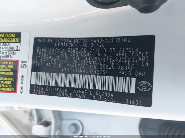 Toyota CAMRY LE 2020 4T1C11AK4LU342754 Image 9