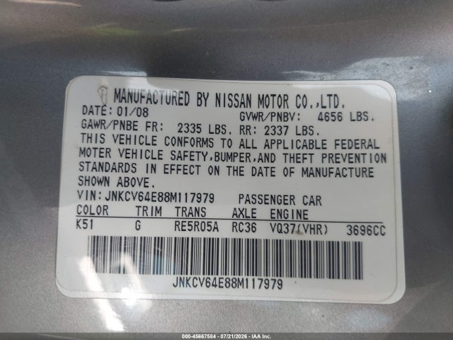 Продаж на аукціоні авто 2008 Infiniti G37 Journey, vin: JNKCV64E88M117979, номер лоту: 45667584