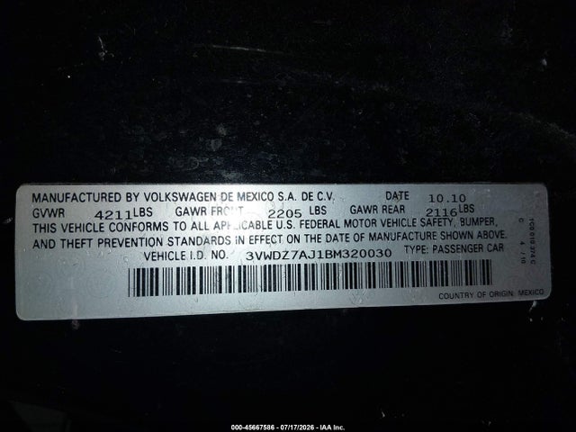 45667586 :رقم المزاد ، 3VWDZ7AJ1BM320030 vin ، 2011 Volkswagen Jetta 2.5l Se مزاد بيع
