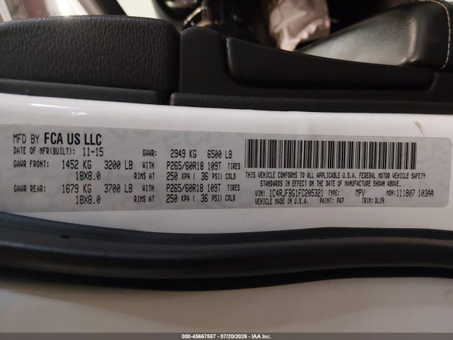 Продаж на аукціоні авто 2015 Jeep Grand Cherokee Limited, vin: 1C4RJFBG1FC205321, номер лоту: 45667587
