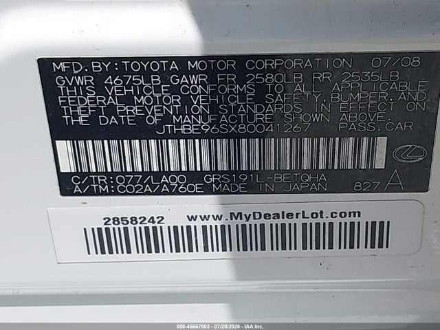 Aukcja sprzedaży 2008 Lexus Gs 350, vin: JTHBE96SX80041267, numer aukcji: 45667603