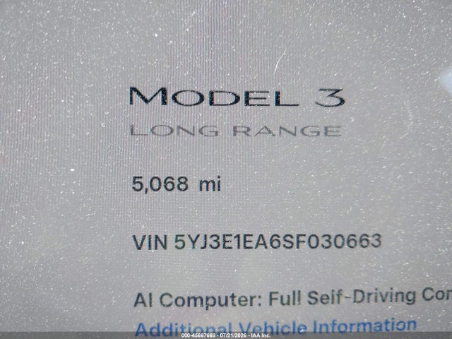 5YJ3E1EA6SF030663 Tesla Model 3 Long Range Rear-wheel Drive/standard Rear-wheel Drive