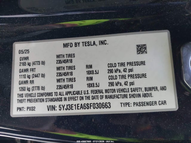 5YJ3E1EA6SF030663 Tesla Model 3 Long Range Rear-wheel Drive/standard Rear-wheel Drive