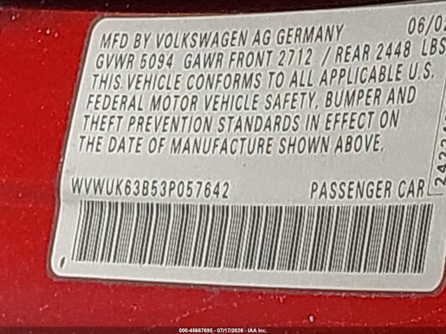 2003 Volkswagen Passat W8 მანქანა იყიდება აუქციონზე, vin: WVWUK63B53P057642, აუქციონის ნომერი: 45667695
