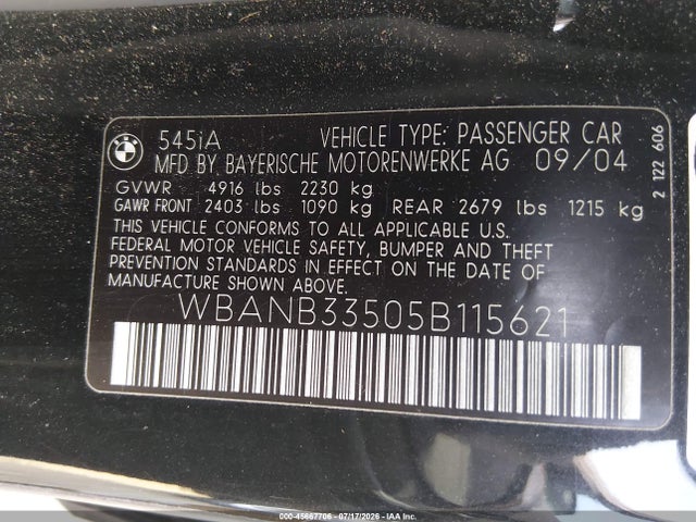 2005 Bmw 545i მანქანა იყიდება აუქციონზე, vin: WBANB33505B115621, აუქციონის ნომერი: 45667706