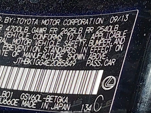 45667710 :رقم المزاد ، JTHBK1GG4E2085849 vin ، 2014 Lexus Es 350 مزاد بيع