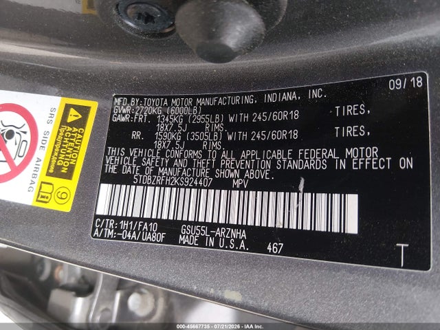 Продаж на аукціоні авто 2019 Toyota Highlander Le Plus, vin: 5TDBZRFH2KS924407, номер лоту: 45667735