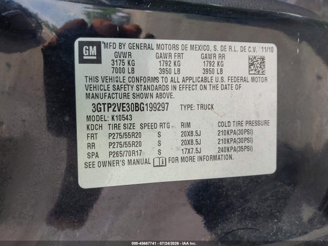 45667741 :رقم المزاد ، 3GTP2VE30BG199297 vin ، 2011 Gmc Sierra 1500 Sle مزاد بيع