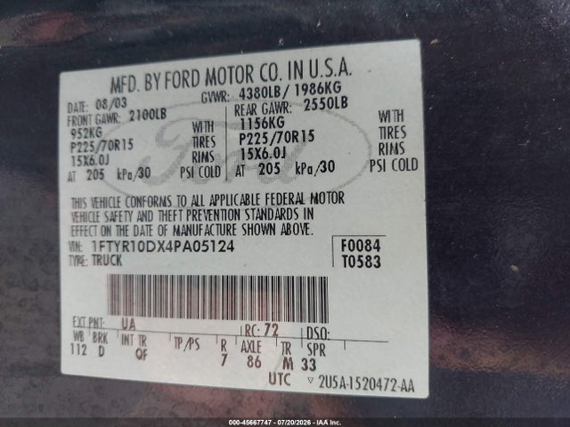 45667747 :رقم المزاد ، 1FTYR10DX4PA05124 vin ، 2004 Ford Ranger Xl/xlt مزاد بيع
