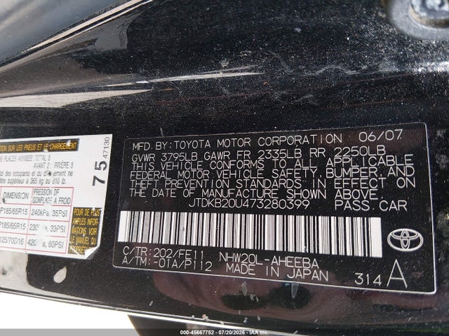 Aukcja sprzedaży 2007 Toyota Prius, vin: JTDKB20U473280399, numer aukcji: 45667752
