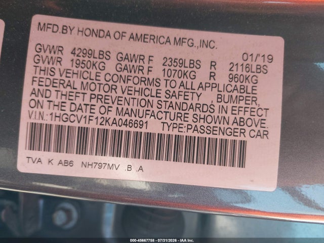 45667758 :رقم المزاد ، 1HGCV1F12KA046691 vin ، 2019 Honda Accord Lx مزاد بيع