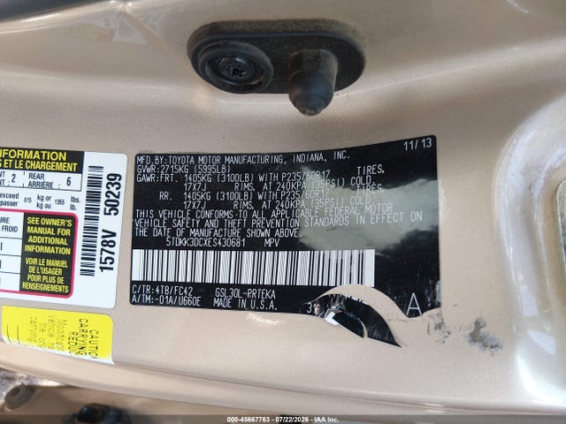 2014 Toyota Sienna Le V6 8 Passenger მანქანა იყიდება აუქციონზე, vin: 5TDKK3DCXES430681, აუქციონის ნომერი: 45667763