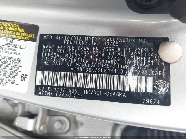 Aukcja sprzedaży 2005 Toyota Camry Xle V6, vin: 4T1BF30K25U611119, numer aukcji: 45667765