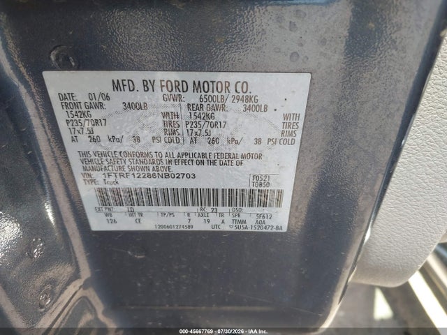 Aukcja sprzedaży 2006 Ford F-150 Stx/xl/xlt, vin: 1FTRF12286NB02703, numer aukcji: 45667769