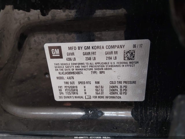 45667771 :رقم المزاد ، KL4CJASB9HB240074 vin ، 2017 Buick Encore Preferred مزاد بيع