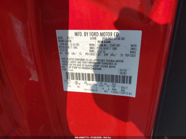 45667774 :رقم المزاد ، 1FTMF1CM2BKD42948 vin ، 2011 Ford F-150 Xlt مزاد بيع