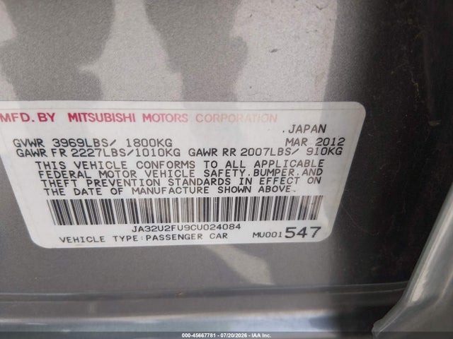 45667781 :رقم المزاد ، JA32U2FU9CU024084 vin ، 2012 Mitsubishi Lancer Es مزاد بيع