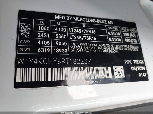 45667795 :رقم المزاد ، W1Y4KCHY8RT182237 vin ، 2024 Mercedes-benz Sprinter 2500 High Roof 4-cyl Diesel مزاد بيع
