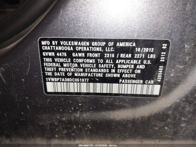 Aukcja sprzedaży 2013 Volkswagen Passat 2.5l Se, vin: 1VWBP7A36DC051977, numer aukcji: 45667797
