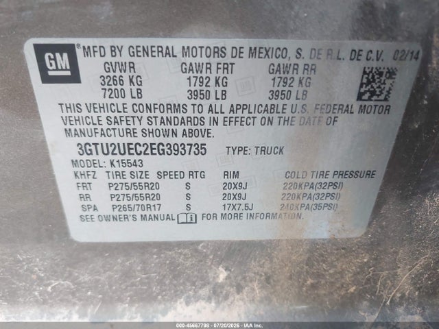 45667798 :رقم المزاد ، 3GTU2UEC2EG393735 vin ، 2014 Gmc Sierra 1500 Sle مزاد بيع