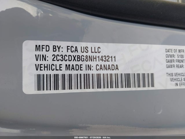 2022 Dodge Charger Sxt Rwd მანქანა იყიდება აუქციონზე, vin: 2C3CDXBG8NH143211, აუქციონის ნომერი: 45667801